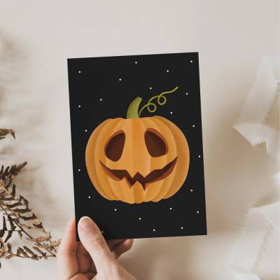 Postkarte Kürbis Halloween Kürbisgesicht Herbst Grußkarte Kürbis - Illustrationen Herbst als Dankeskarte - Illustration