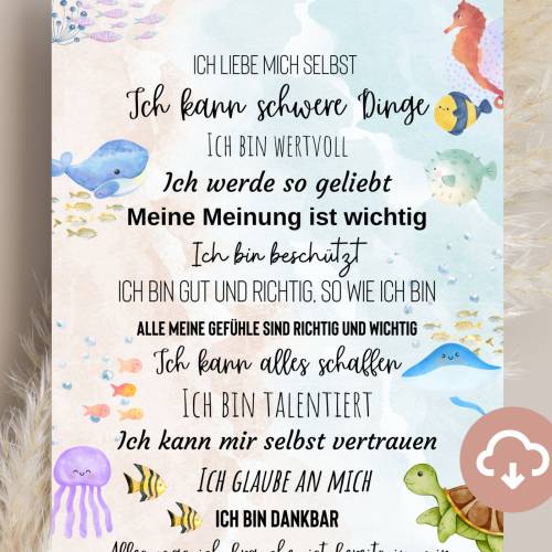 Affirmationsposter Kinder Meerestiere – Stärkende Glaubenssätze fürs Kinderzimmer, Sofort-Download