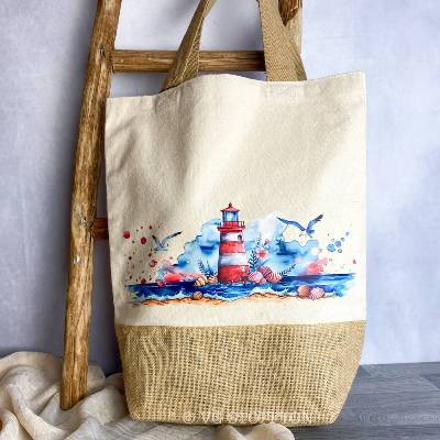 Jute Tasche Einkaufstasche Shopper | nachhaltige Tragetasche Geschenkidee | Leuchtturm Strand Urlaub