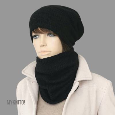 Snood, Wolle, schwarz, Rundschal, gestrickt, Schlauchschal