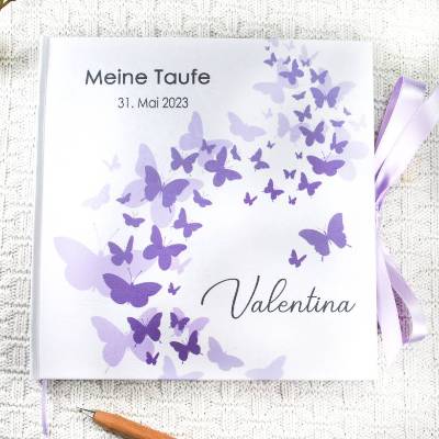 personalisiertes Gästebuch & Album zur Taufe mit Schmetterlingen in Pink & Rosa blanko o. mit Fragebogen
