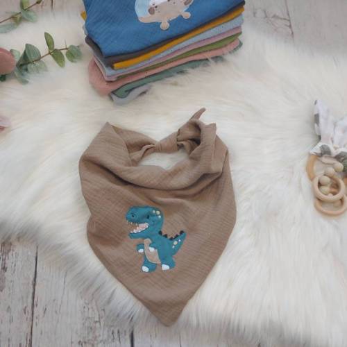 Halstuch Musselin Dino beige – Bio-Baumwolle, wendbar & handbestickt