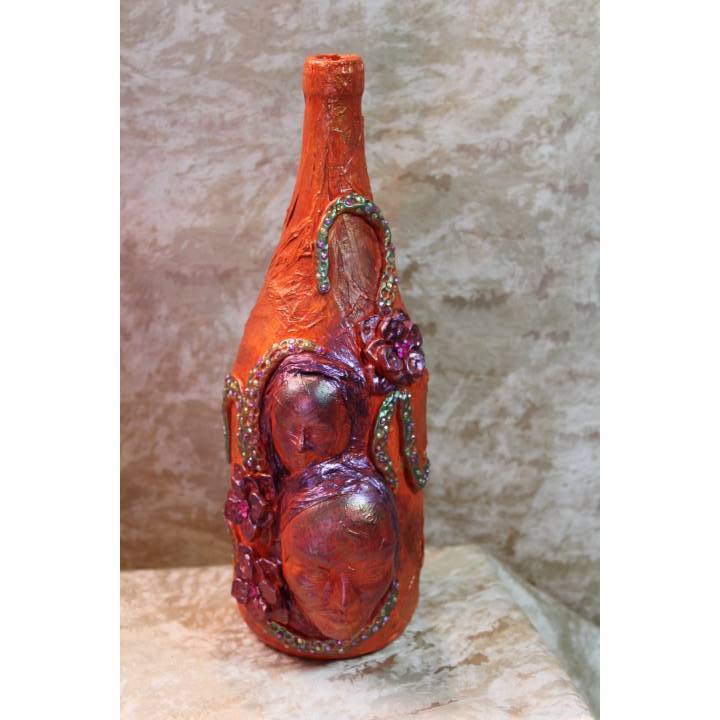 Dekoflasche Wohndekoration ZWEI GESICHTER Upcycling Flasche Flaschenkunst Dekoration Collage Deko Kunst