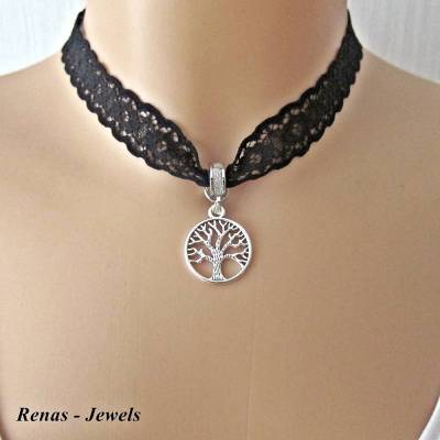 Choker Kette Schwarz Spitze mit Lebensbaum Anhänger – Kropfband Silberfarben Damen Schmuck