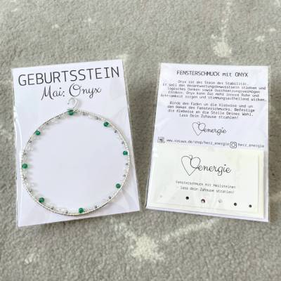 Geburtsstein Mai - Fensterdeko mit Heilstein Onyx - Karte zum Geburtstag oder zur Geburt