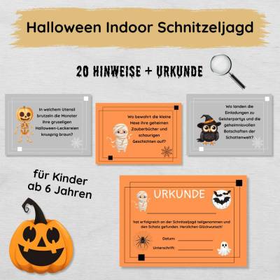 Halloween Indoor Schnitzeljagd mit 20 Hinweisen & Urkunde, Halloween Party Spielidee