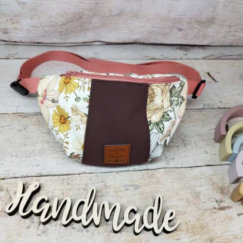 Bauchtasche Crossbodybag Blumen retro braun, 2 Größen, wasserabweisend & robust