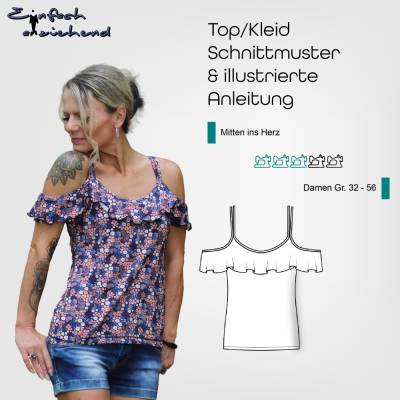 PDF Schnittmuster Damen Sommer Kleid | Jersey Shirt Größe 32-56 mit Volant an Ausschnitt und Ärmel
