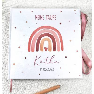personalisiertes Gästebuch zur Taufe Regenbogen, Herz & Punkte blanko o. mit Fragen / Fragebogen Beere Altrosa Bordeaux