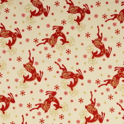 Weihnachtsstoff Baumwolle Rentier Hirsch creme-rot- gold (1m/10,-€)