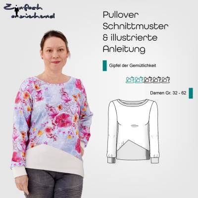 PDF Schnittmuster Damen Pullover Größe 32 - 62 breitem symmetrischem o. asymmetrischem Saumbündchen