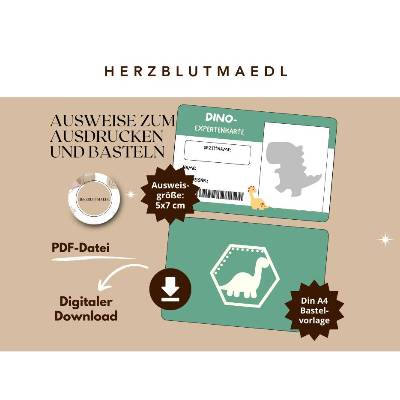 Dino Ausweis Bastelvorlage – Perfekt für Dino Kindergeburtstage oder Dinopartys - digitaler Download A4