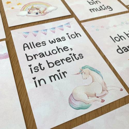 Affirmationskarten Kinder Einhorn Motive, 16 Achtsamkeitskarten Mädchen stärken, Ermutigungskarten