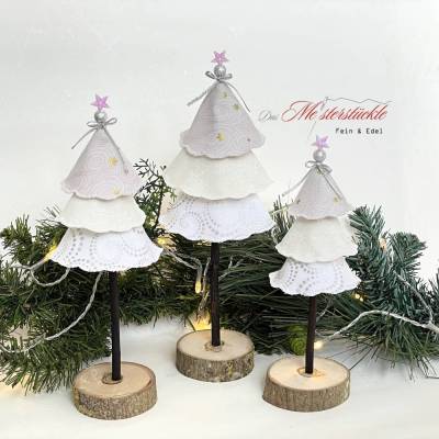 Exlusive Dekobäumchen mit Holzfuß weiß gold – Handgemachte Weihnachtsdeko in 3 Größen