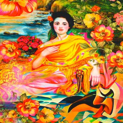 ♕  Jersey Panel India Sari Indisch Blumen Hibiskus Stenzo Digital 160x150 cm ♕