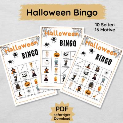 Halloween Bingo für Kinder zum Ausdrucken mit 10 Spielseiten