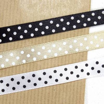 Satin Geschenkband Punkte Pünktchen, AUSWAHL schwarz beige weiß, 5 Meter, Geschenk verpacken We