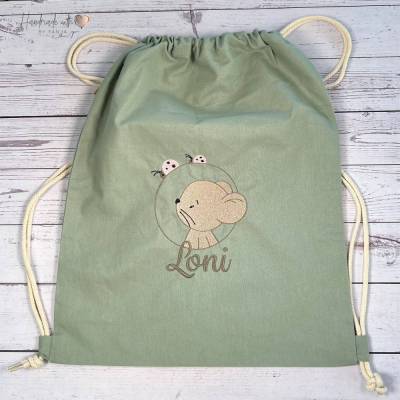 Beutel bestickt mit Maus, Marienkäfer und Wunschnamen I personalisierter Kita Beutel I Kindergartentasche mit Name