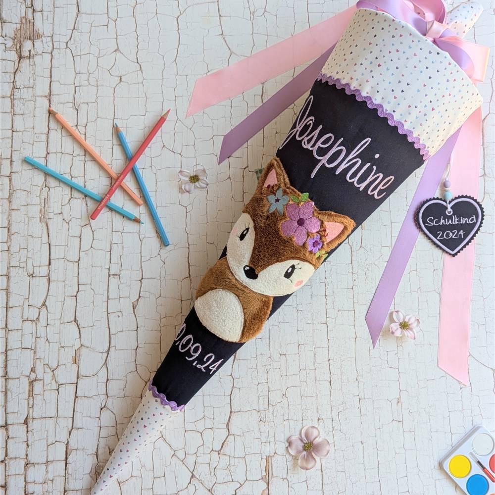 Schultüte aus Stoff Fuchs personalisiert – Handgenähte Zuckertüte mit Namen & Wunschfarben Bild 1