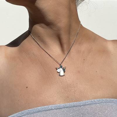 Kette mit Schutzengel, Silberkette mit Engel aus 925er Silber im Origamistil mit Kristallperle