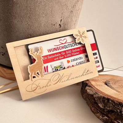 Hülle für Geschenkgutschein "Frohe Weihnachten" Hirsch, Geldgeschenk, Holz