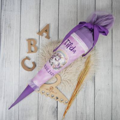 Schultüte Stoff Einhorn Lila Flieder  mit Tüll 70cm 85cm   *personalisierbar und mit Kisseninlet