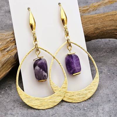 goldene Ohrringe, Messing Ohrringe, Amethyst Ohrringe