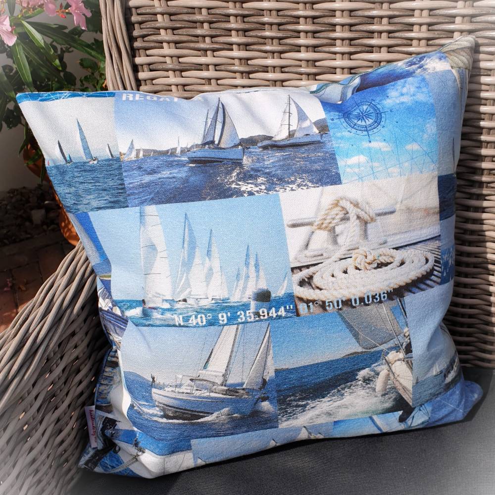 Maritime Kissenhülle 40x40 cm aus 100% Baumwolle – Segelboot & maritime Motive, handgemacht, Unikat