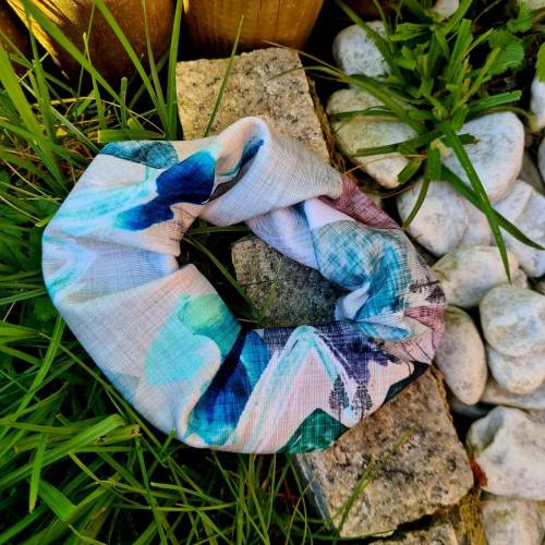 Scrunchie Haargummi Bergmotiv grün blau Bergstirnband Bergstoff   Scrunchy Haarband Knotenstirnband Haarreif Stirnband M