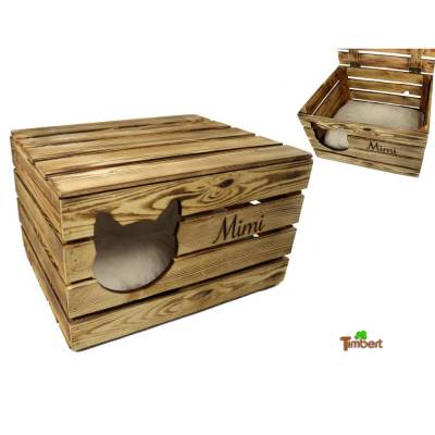 Rustikale KATZENHÖHLE PERSONALISIERT mit NAMEN Massive Holztruhe mit Wunschgravur Vintage Holzkiste Katzenkorb