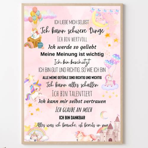 Einhorn Kinderposter mit Affirmationen – Mutmachposter für das Kinderzimmer, 14 positive Glaubenssätze, personalisierbar