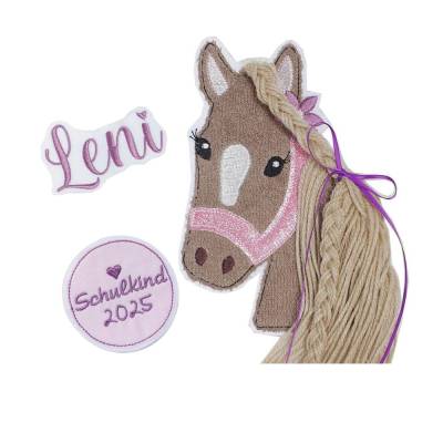 Pferd Applikation Aufnäher Schultüte Schulkind Set 3-teilig Wollmähne Glitzer Rosa Handmade