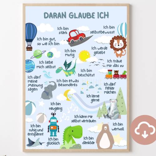Affirmationsposter Jungen – Kinderzimmer Deko mit positiven Glaubenssätzen & süßen Motiven als PDF