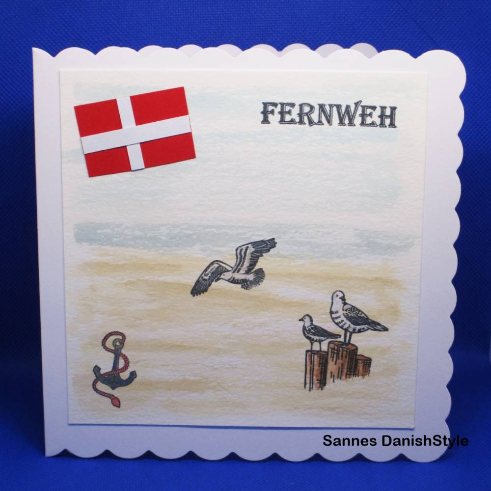 Fernweh Dänemark – Handkolorierte Grußkarte mit Flagge & Möwen, maritim, Geldgeschenk, Urlaub & Geburtstag Bild 1