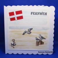 Fernweh Dänemark – Handkolorierte Grußkarte mit Flagge & Möwen, maritim, Geldgeschenk, Urlaub & Geburtstag
