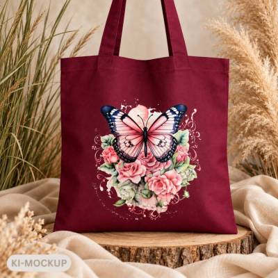 Stoffbeutel Schmetterling & Rosen – Baumwolltasche Bordeaux – Shopper mit Blumen – Geschenk für Schmetterlingsliebhaber