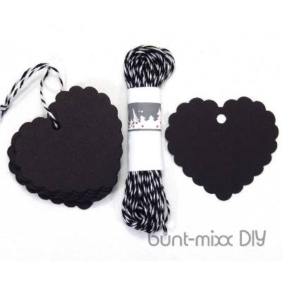 Geschenkanhänger schwarz Herz, 25 Stück, 5 m twine schwarz-weiß, Adventskalender DIY basteln, Geschenk verpacken, black heart tags