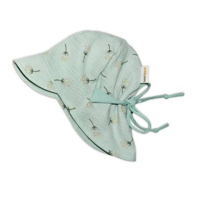 Musselin Sonnenhut zum mitwachsen mit verlängertem Nackenschutz & Sonnendach "Pusteblumen" mint