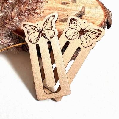 2er Set Lesezeichen Clip aus Holz, Schmetterlinge Lasergravur