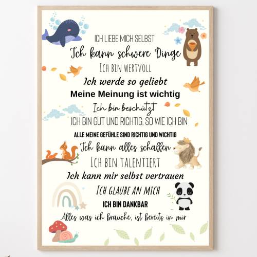 Mutmach-Poster für Kinder – Positive Affirmationen & Tiermotive – Kinderzimmer-Dekoration – Geschenkidee
