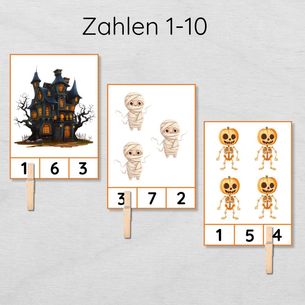 Halloween Klammerkarten für Kinder, Zahlen lernen und Zählen üben von 1 ...