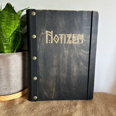 Notizbuch aus Holz, "The Black Beauty"  DIN A5, Buchrücken Apfelleder schwarz, Holzbuch, D-Ringmechanik