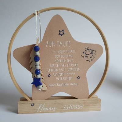 personalisierter Stern als Geschenk zur Geburt oder Taufgeschenk | Taufdeko mit Schutzengel | Holzstern + Taufspruch