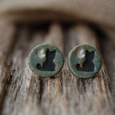 Keramik-Ohrstecker Katze in der Nacht