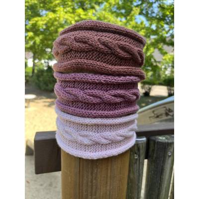Strick Stirnband für Kinder Zopfmuster Ohrenwärmer KU 44-46-49 cm Zeder Hellrosa handgestrickt aus 100% Merinowolle 