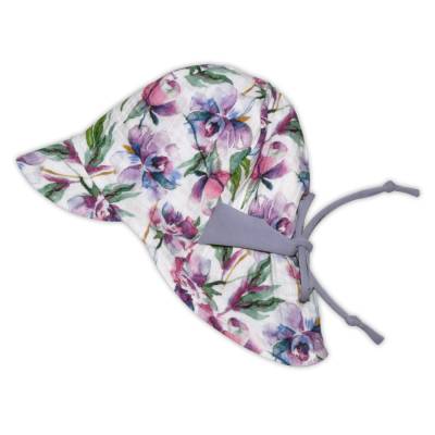 Musselin Sonnenhut zum mitwachsen mit verlängertem Nackenschutz & Sonnendach Aquarellblumen 