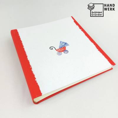 Fotoalbum, hellrot, handgeschöpft, Kinderwagen, personalisierbar, ca. 24 x 24 cm, Geburt