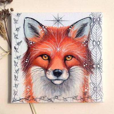 Krafttier-Bild Rotfuchs, handgemaltes Kunstwerk Acryl Seelentier auf Keilrahmen 20x20