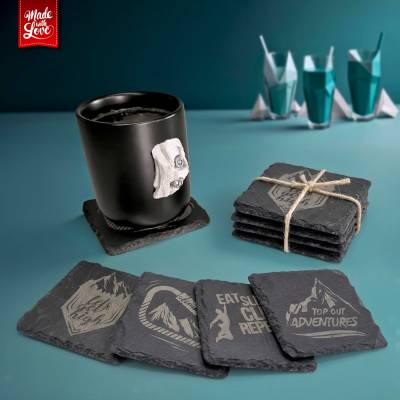 Schiefer Untersetzer Set 4er mit Klettermotiven, Untersetzer aus Schiefer in Anthrazit, quadratisch 10 x 10 cm