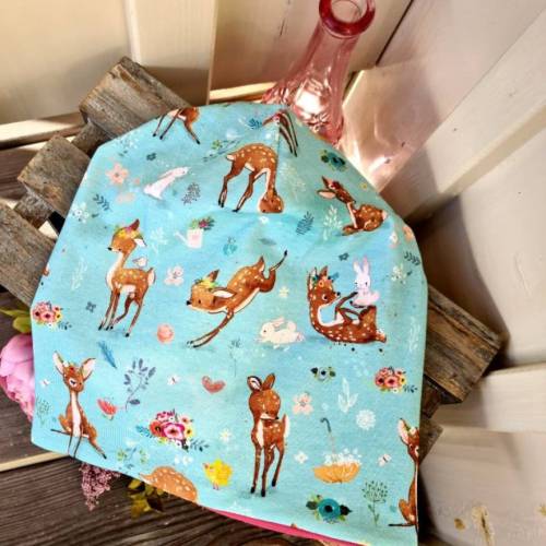 Mütze Mützen Haube Reh Rehlein Hirsch Hase Waldtiere  Mädchen mint blau rosa Wildtiere Tiermotiv